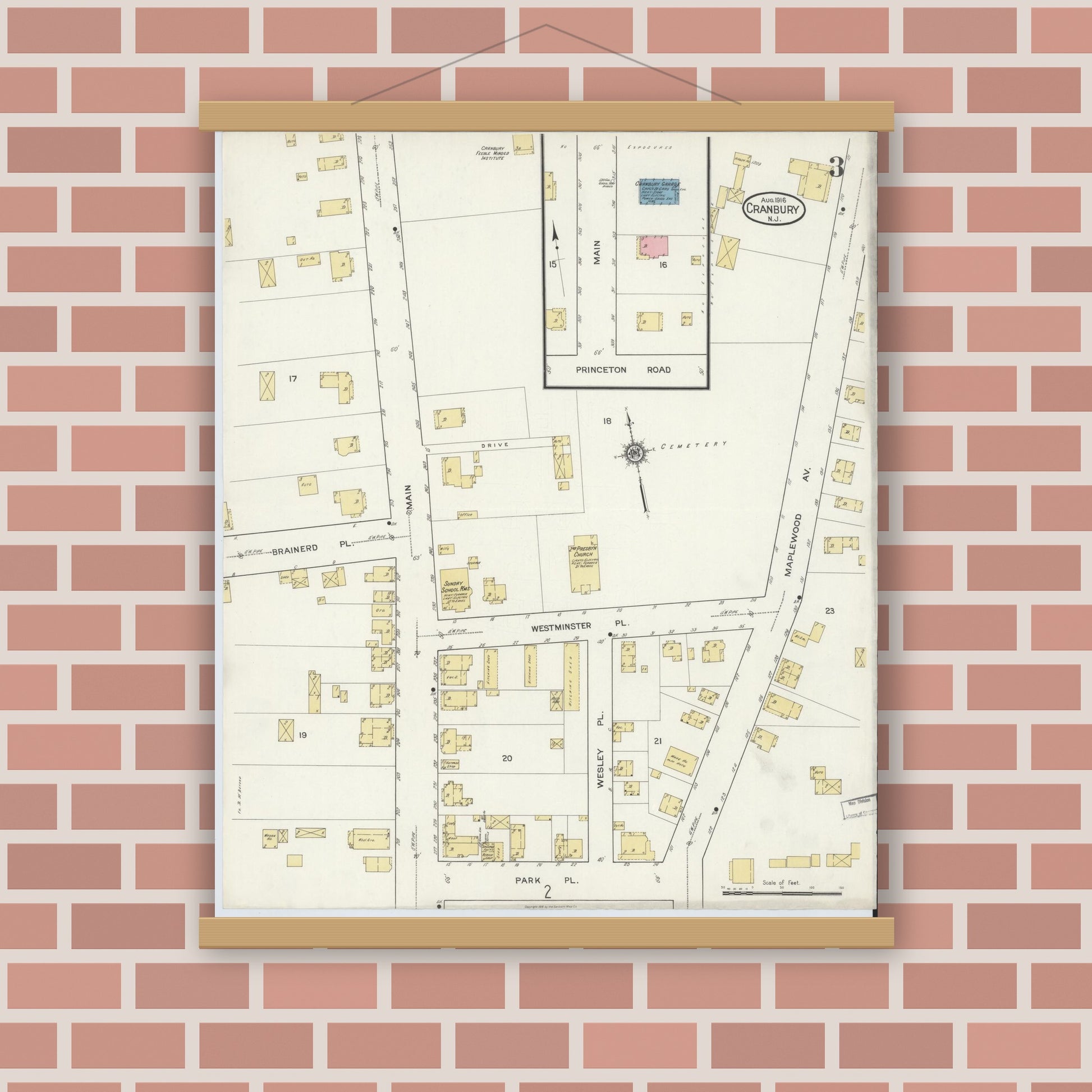 Old map wall art mockup — magnetic wood frame on brick wall — Sanborn Fire Insurance Map from Cranbury, Middlesex County, New Jersey (1916), Sheet #0003