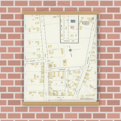 Old map wall art mockup — magnetic wood frame on brick wall — Sanborn Fire Insurance Map from Cranbury, Middlesex County, New Jersey (1916), Sheet #0003