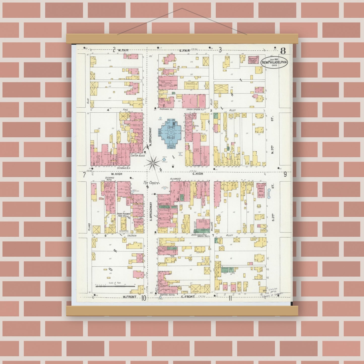 Old map wall art mockup — magnetic wood frame on brick wall — Sanborn Fire Insurance Map from New Philadelphia, Tuscarawas County, Ohio (1901), Sheet #0008
