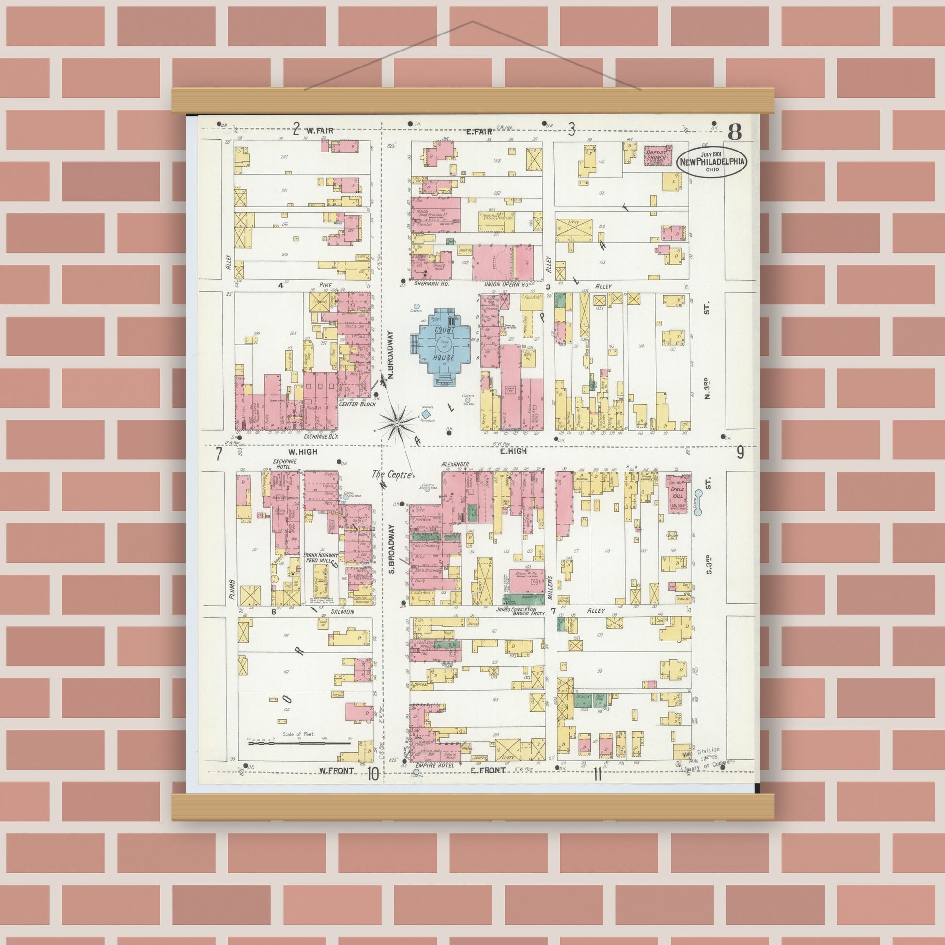 Old map wall art mockup — magnetic wood frame on brick wall — Sanborn Fire Insurance Map from New Philadelphia, Tuscarawas County, Ohio (1901), Sheet #0008