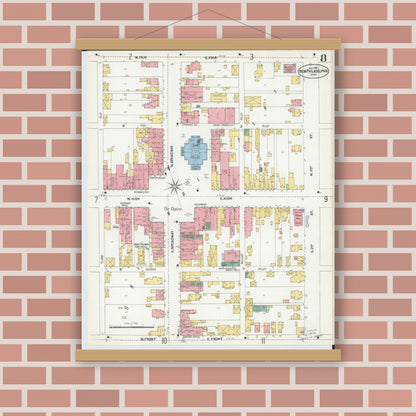 Old map wall art mockup — magnetic wood frame on brick wall — Sanborn Fire Insurance Map from New Philadelphia, Tuscarawas County, Ohio (1901), Sheet #0008