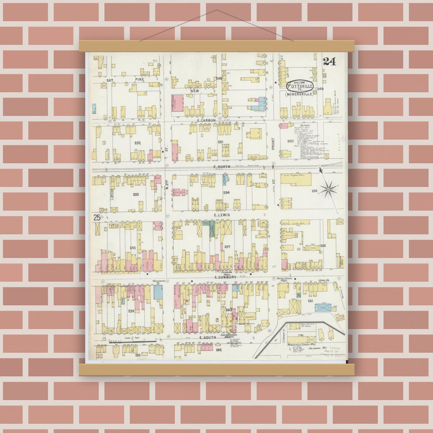Old map wall art mockup — magnetic wood frame on brick wall — Sanborn Fire Insurance Map from Pottsville, Schuylkill County, Pennsylvania (1895), Sheet #0024