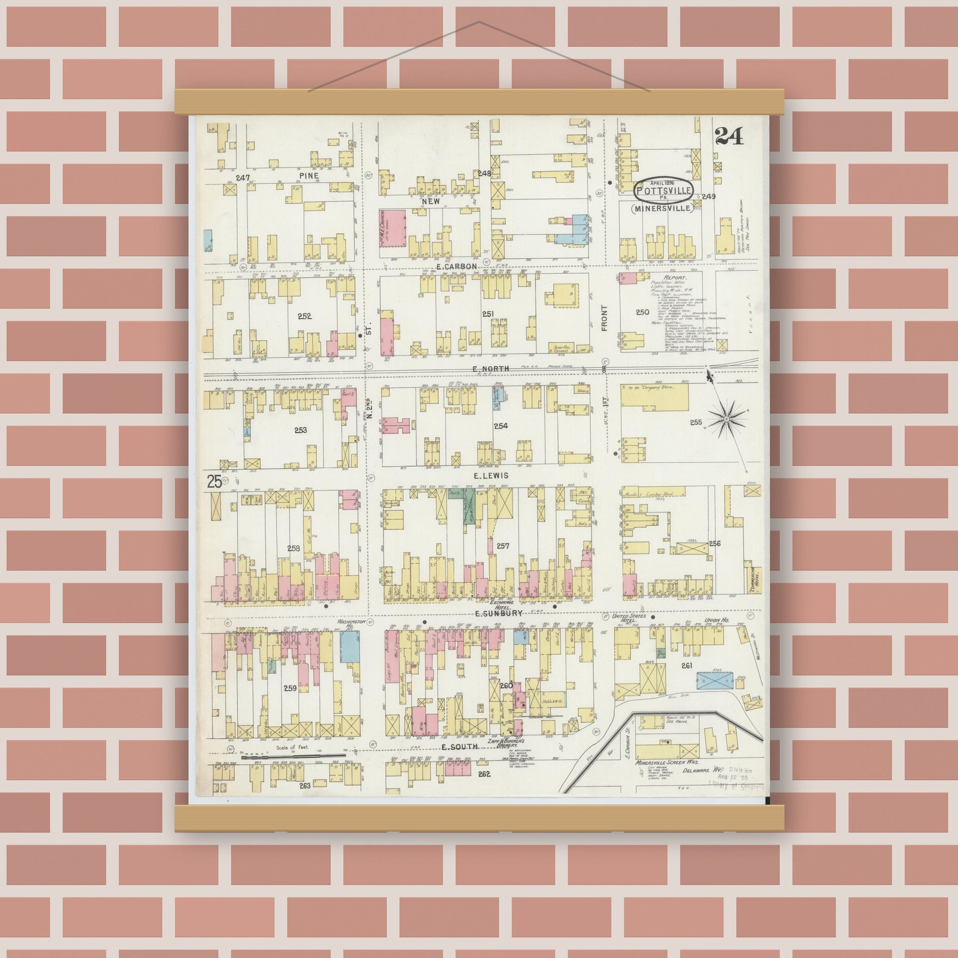 Old map wall art mockup — magnetic wood frame on brick wall — Sanborn Fire Insurance Map from Pottsville, Schuylkill County, Pennsylvania (1895), Sheet #0024