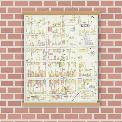 Old map wall art mockup — magnetic wood frame on brick wall — Sanborn Fire Insurance Map from Pottsville, Schuylkill County, Pennsylvania (1895), Sheet #0024