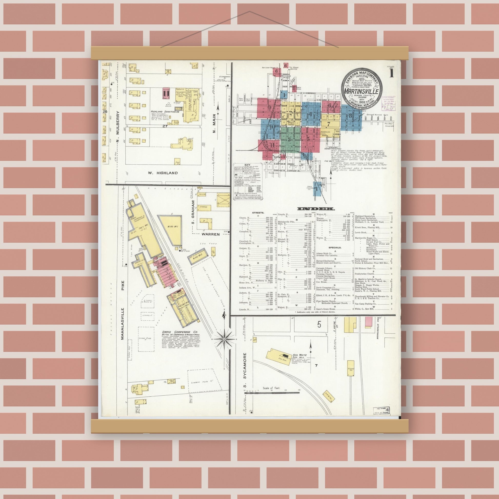 Old map wall art mockup — magnetic wood frame on brick wall — Sanborn Fire Insurance Map from Martinsville, Morgan County, Indiana (1908) - Complete Map Set