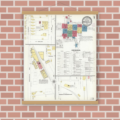 Old map wall art mockup — magnetic wood frame on brick wall — Sanborn Fire Insurance Map from Martinsville, Morgan County, Indiana (1908) - Complete Map Set