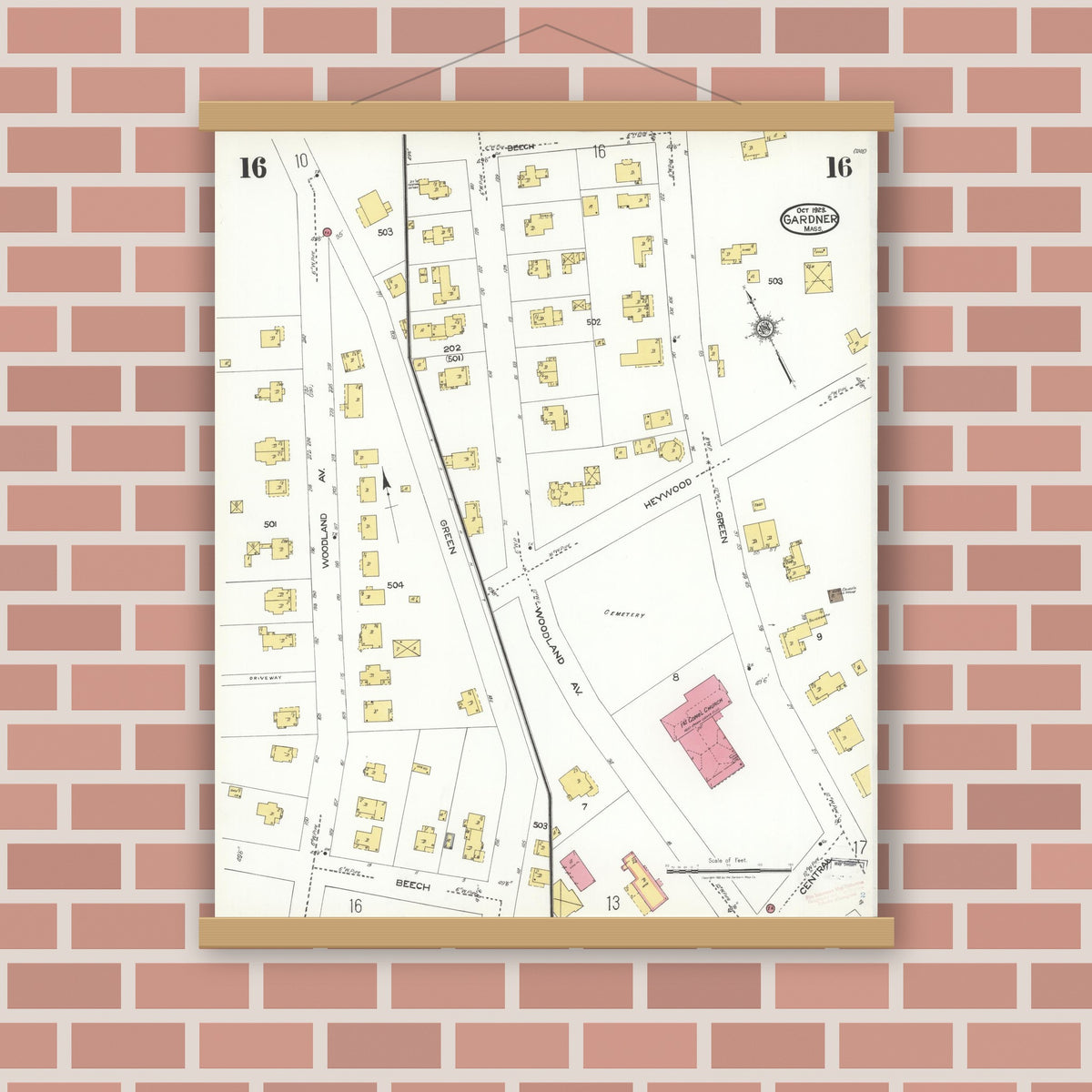 Old map wall art mockup — magnetic wood frame on brick wall — Sanborn Fire Insurance Map from Gardner, Worcester County, Massachusetts (1923), Sheet #0016