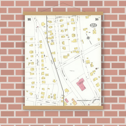 Old map wall art mockup — magnetic wood frame on brick wall — Sanborn Fire Insurance Map from Gardner, Worcester County, Massachusetts (1923), Sheet #0016