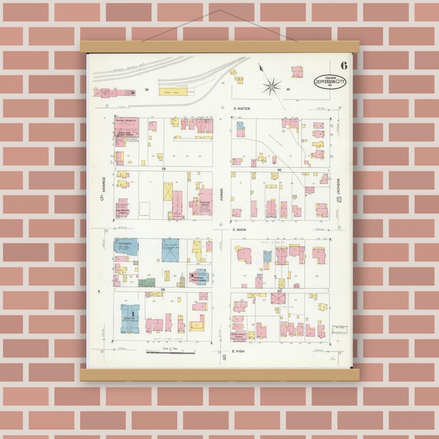 Old map wall art mockup — magnetic wood frame on brick wall — Sanborn Fire Insurance Map from Jefferson City, Cole County, Missouri (1908), Sheet #0006