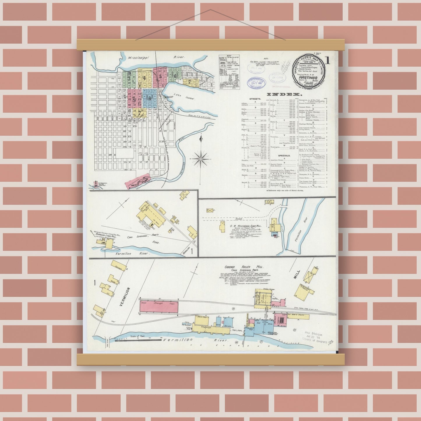 Old map wall art mockup — magnetic wood frame on brick wall — Sanborn Fire Insurance Map from Hastings, Dakota County, Minnesota (1898), Sheet #0001