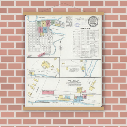 Old map wall art mockup — magnetic wood frame on brick wall — Sanborn Fire Insurance Map from Hastings, Dakota County, Minnesota (1898), Sheet #0001