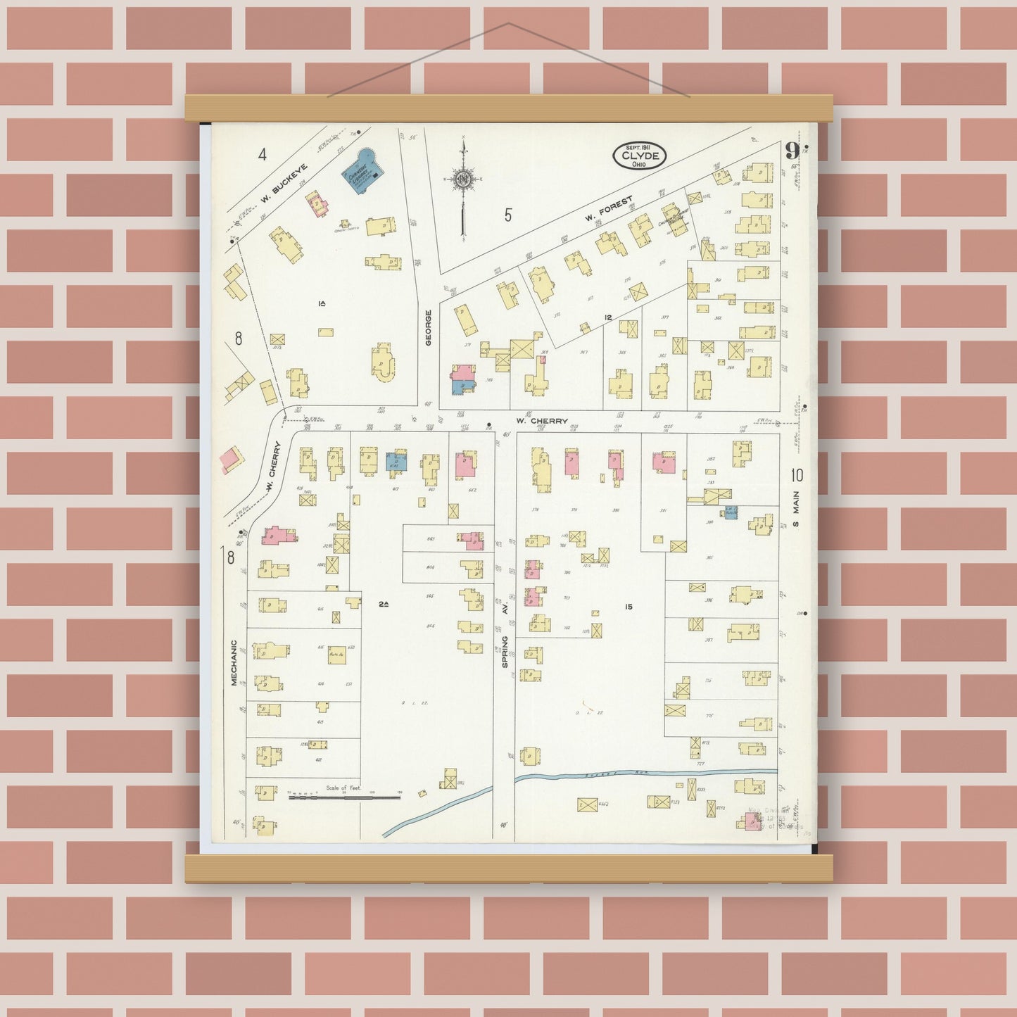 Old map wall art mockup — magnetic wood frame on brick wall — Sanborn Fire Insurance Map from Clyde, Sandusky County, Ohio (1911), Sheet #0009