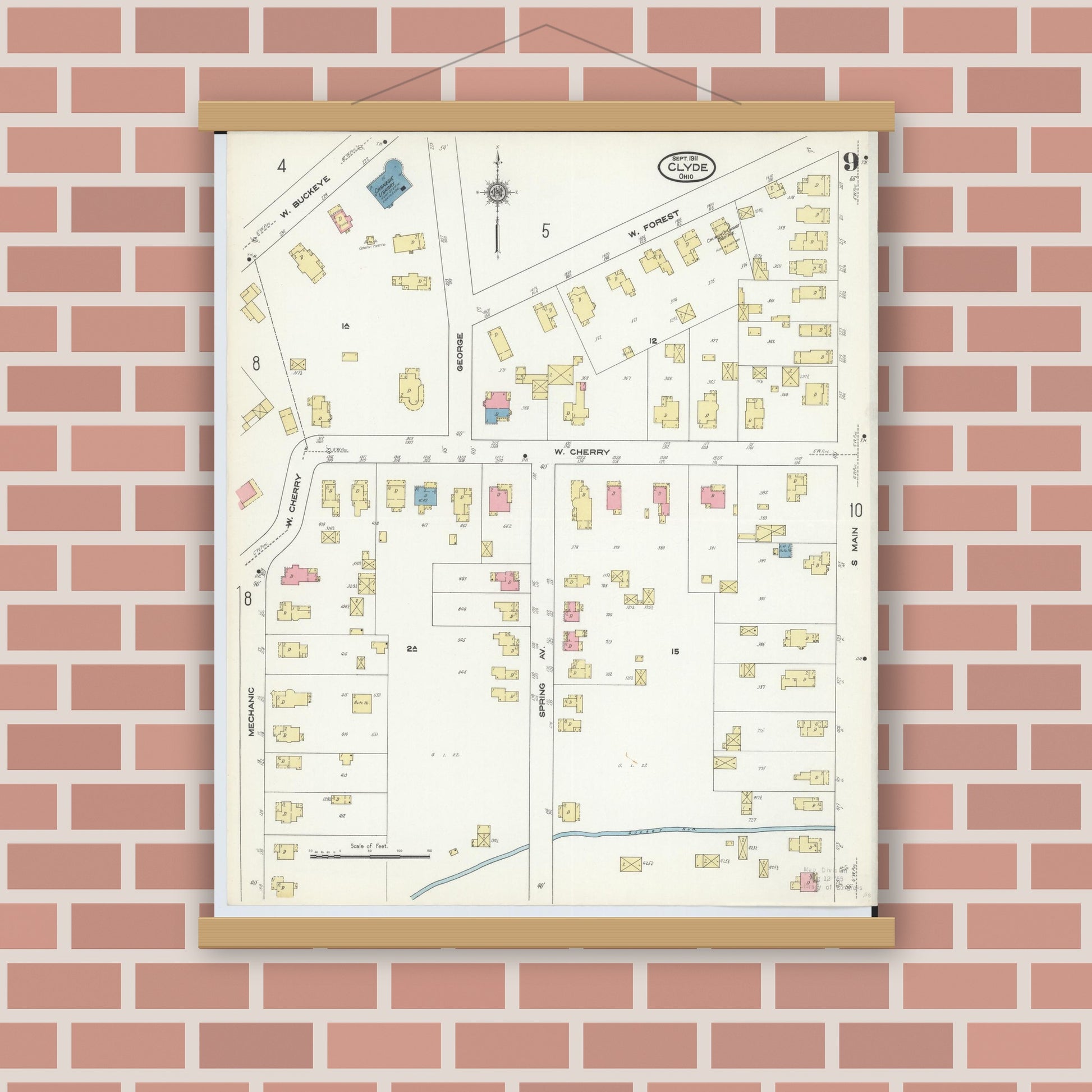 Old map wall art mockup — magnetic wood frame on brick wall — Sanborn Fire Insurance Map from Clyde, Sandusky County, Ohio (1911), Sheet #0009