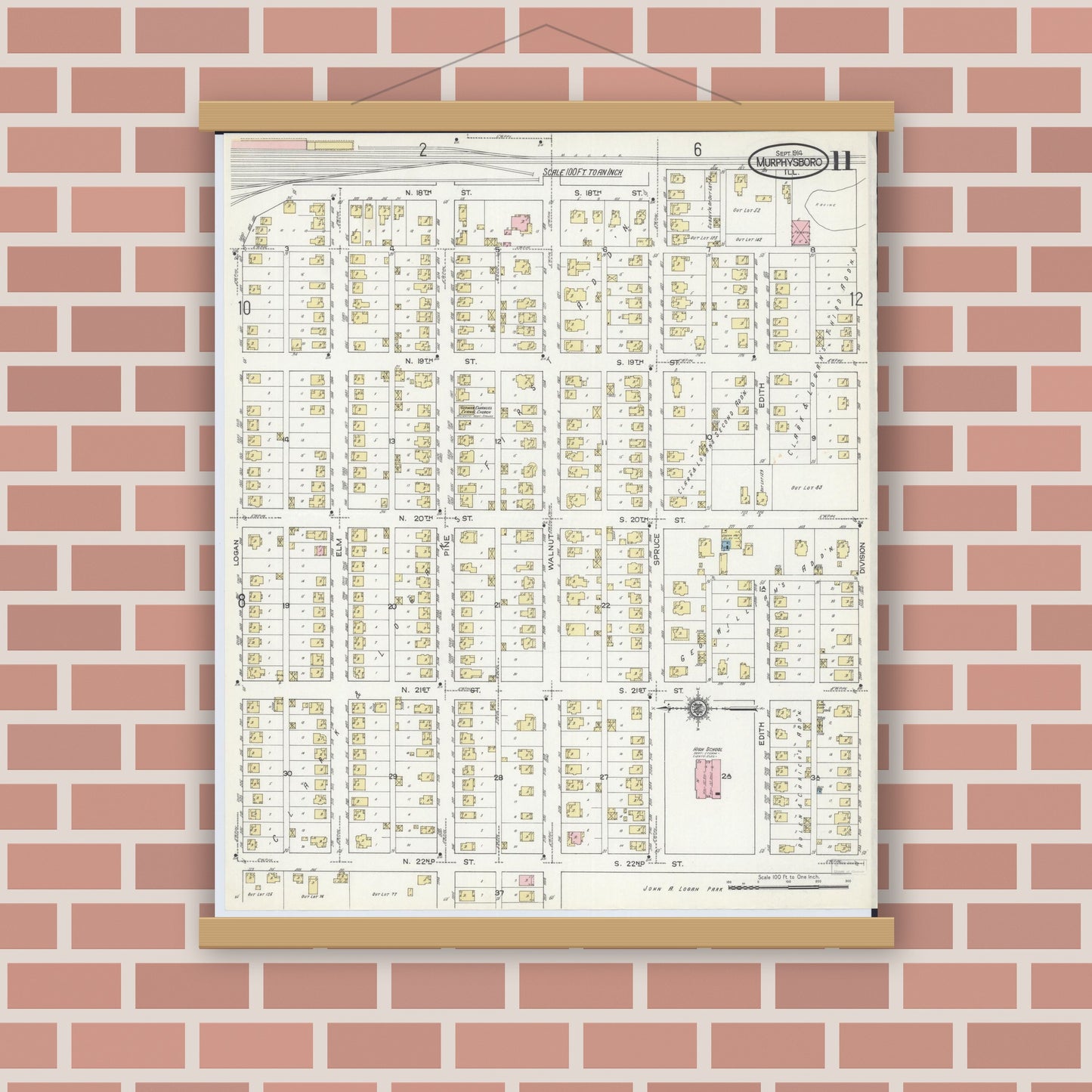 Old map wall art mockup — magnetic wood frame on brick wall — Sanborn Fire Insurance Map from Murphysboro, Jackson County, Illinois (1914), Sheet #0011