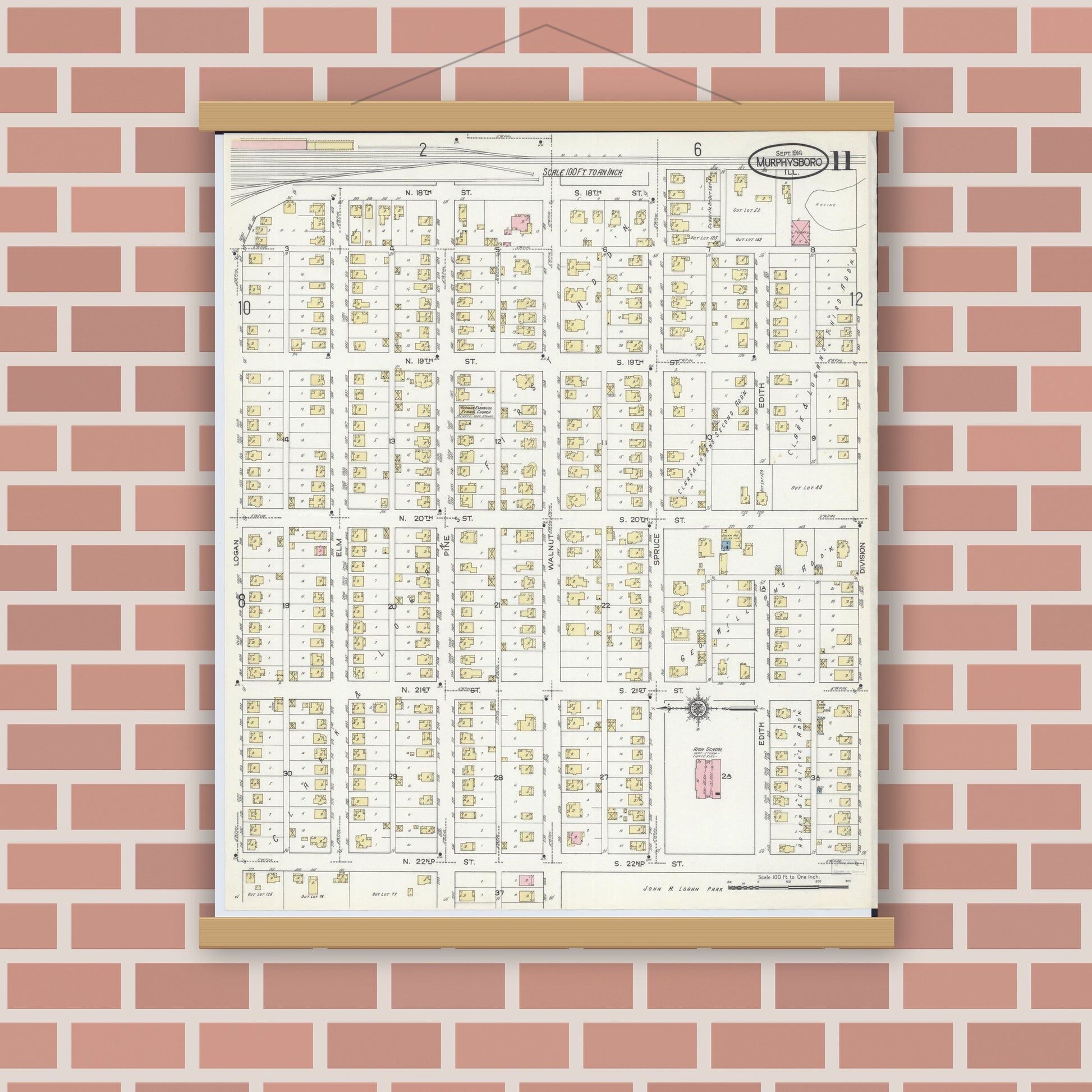 Old map wall art mockup — magnetic wood frame on brick wall — Sanborn Fire Insurance Map from Murphysboro, Jackson County, Illinois (1914), Sheet #0011