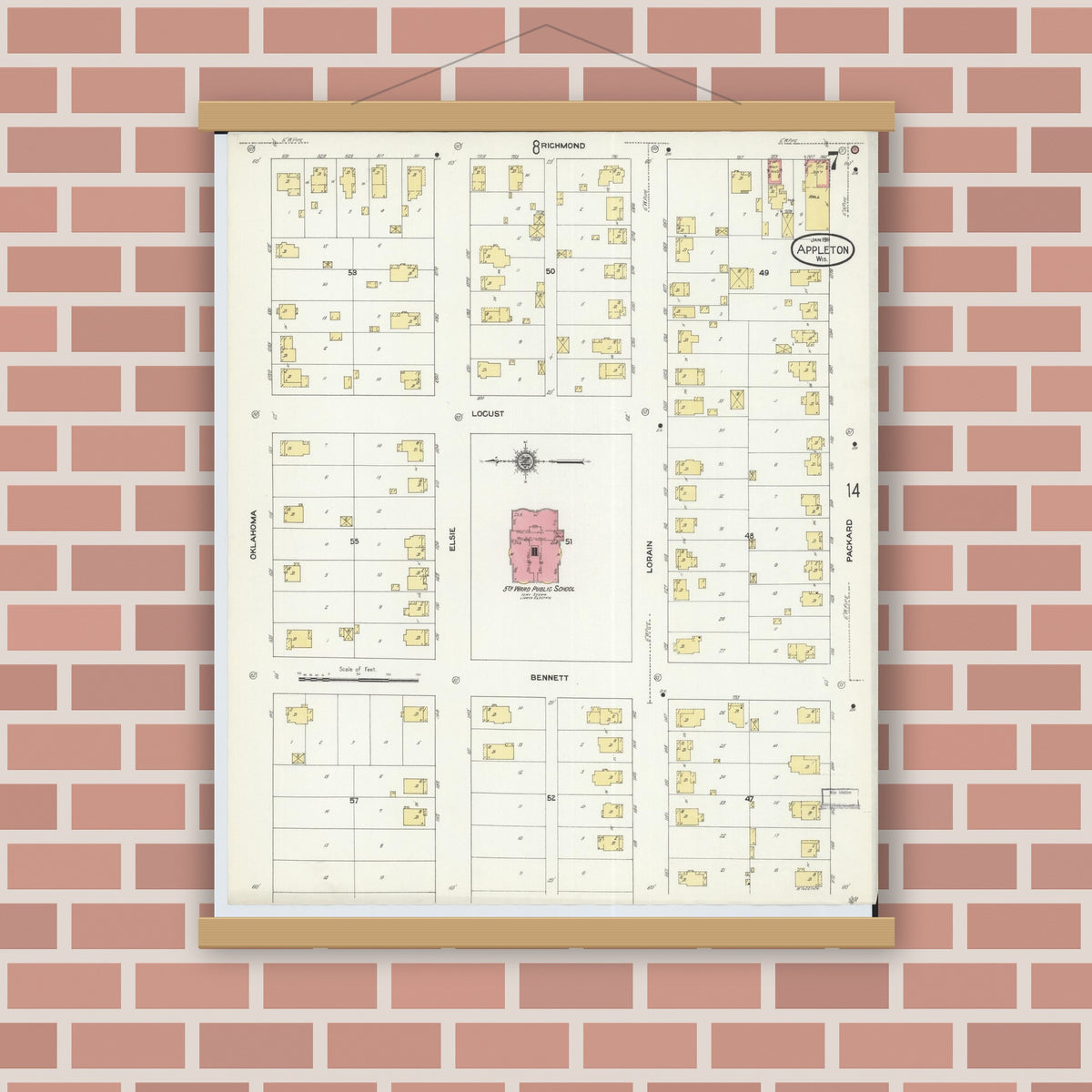 Old map wall art mockup — magnetic wood frame on brick wall — Sanborn Fire Insurance Map from Appleton, Outagamie County, Wisconsin (1911), Sheet #0007