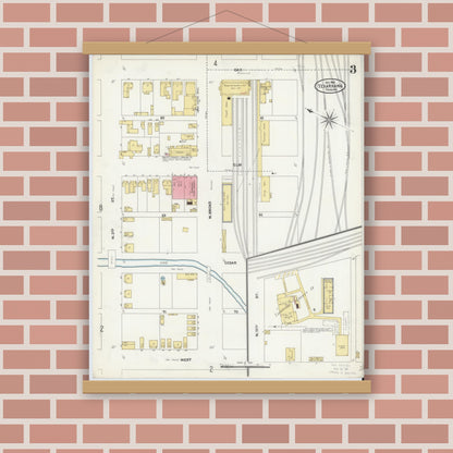 Old map wall art mockup — magnetic wood frame on brick wall — Sanborn Fire Insurance Map from Texarkana, Bowie County, Texas (1905), Sheet #0003