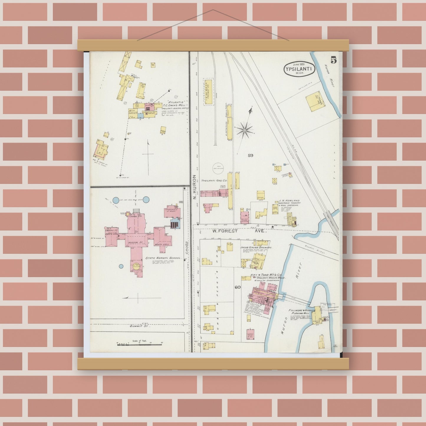 Old map wall art mockup — magnetic wood frame on brick wall — Sanborn Fire Insurance Map from Ypsilanti, Washtenaw County, Michigan (1893), Sheet #0005