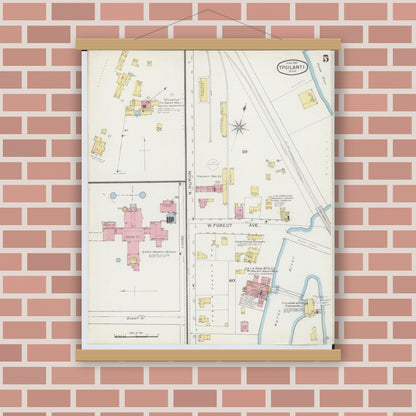 Old map wall art mockup — magnetic wood frame on brick wall — Sanborn Fire Insurance Map from Ypsilanti, Washtenaw County, Michigan (1893), Sheet #0005
