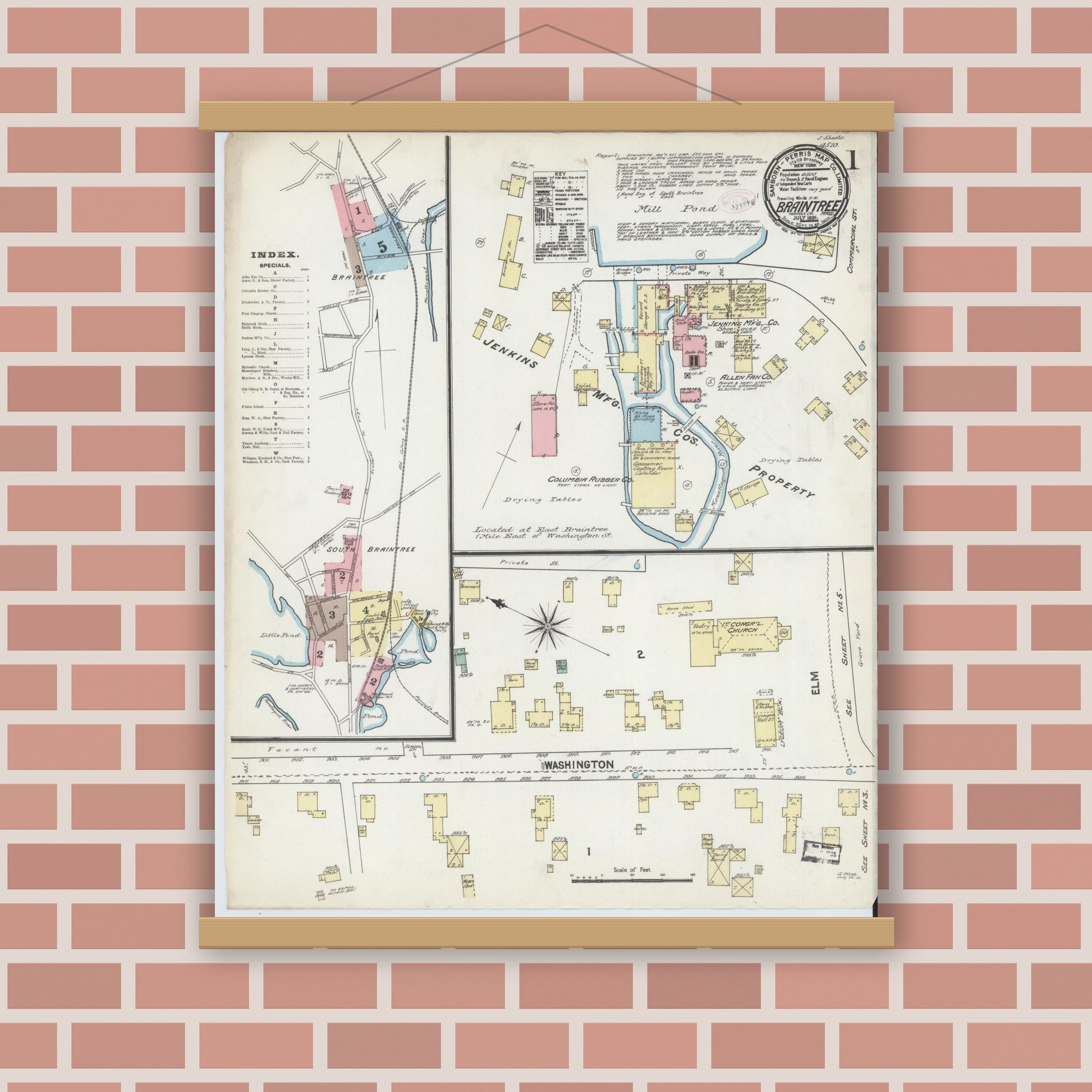 Old map wall art mockup — magnetic wood frame on brick wall — Sanborn Fire Insurance Map from Braintree, Norfolk County, Massachusetts (1891) - Complete Map Set