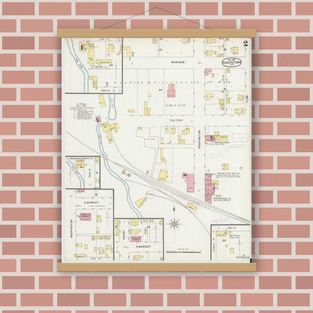 Old map wall art mockup — magnetic wood frame on brick wall — Sanborn Fire Insurance Map from Hagerstown, Wayne County, Indiana (1896), Sheet #0002