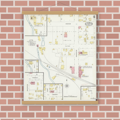 Old map wall art mockup — magnetic wood frame on brick wall — Sanborn Fire Insurance Map from Hagerstown, Wayne County, Indiana (1896), Sheet #0002