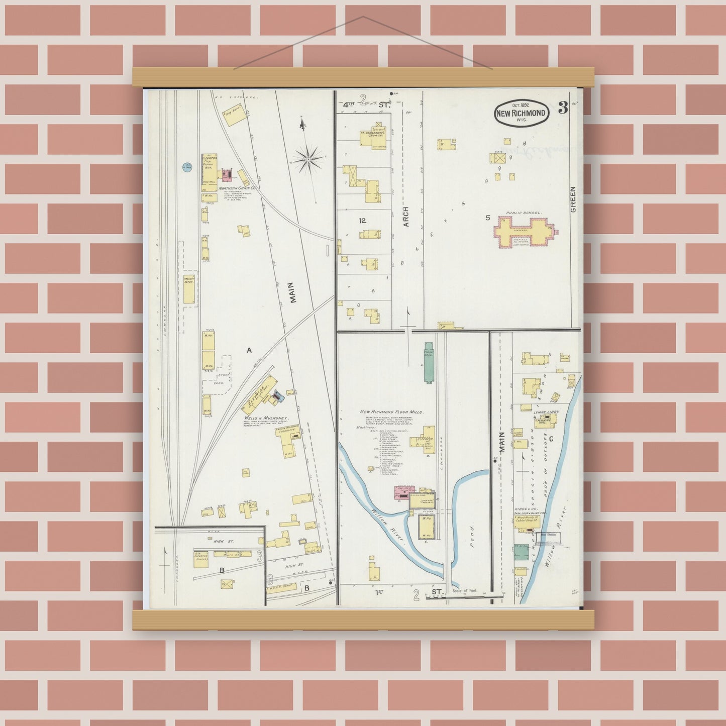 Old map wall art mockup — magnetic wood frame on brick wall — Sanborn Fire Insurance Map from New Richmond, St. Croix County, Wisconsin (1892), Sheet #0003