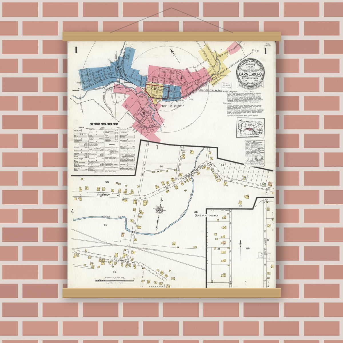 Old map wall art mockup — magnetic wood frame on brick wall — Sanborn Fire Insurance Map from Barnesboro, Cambria County, Pennsylvania (1923) - Complete Map Set