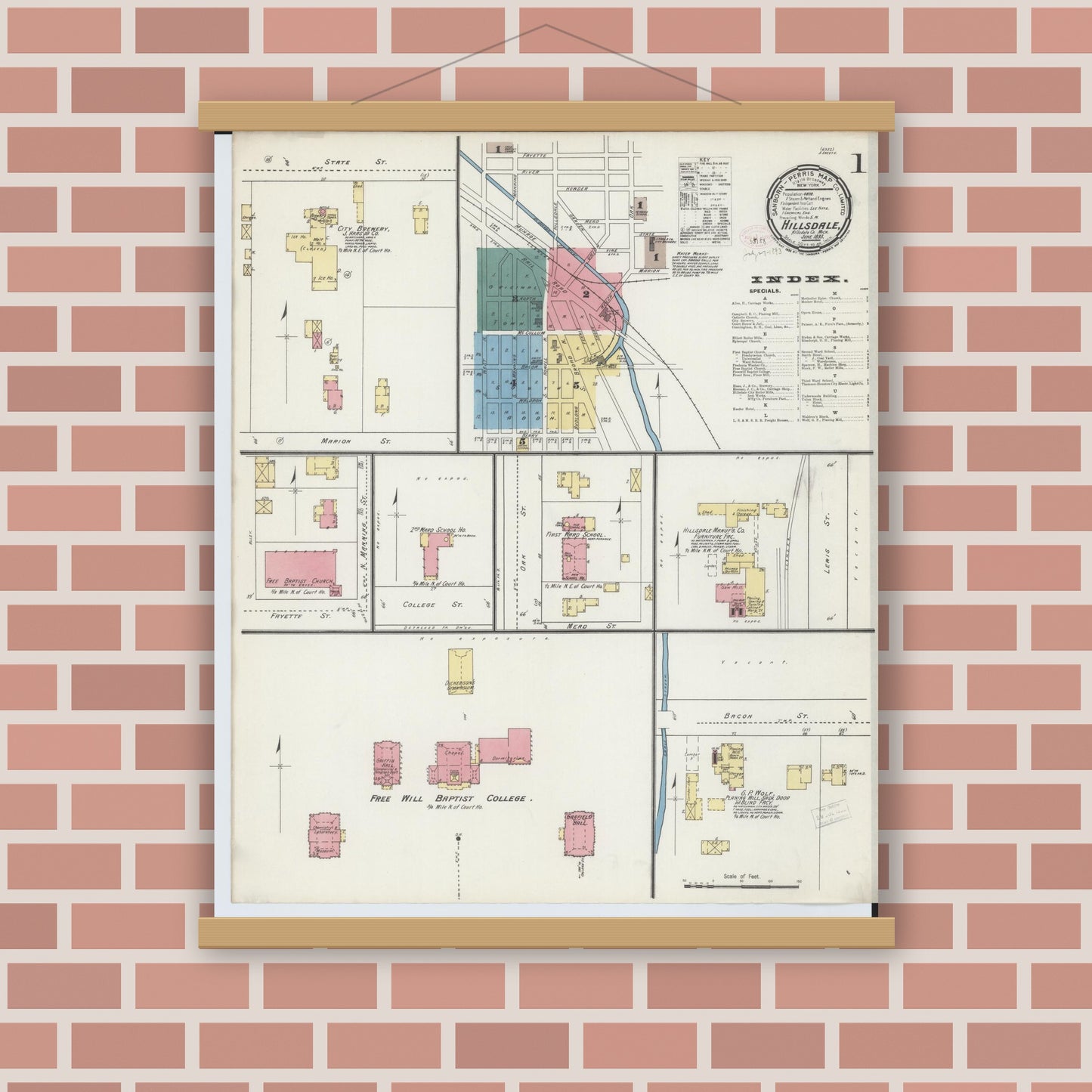 Old map wall art mockup — magnetic wood frame on brick wall — Sanborn Fire Insurance Map from Hillsdale, Hillsdale County, Michigan (1893) - Complete Map Set