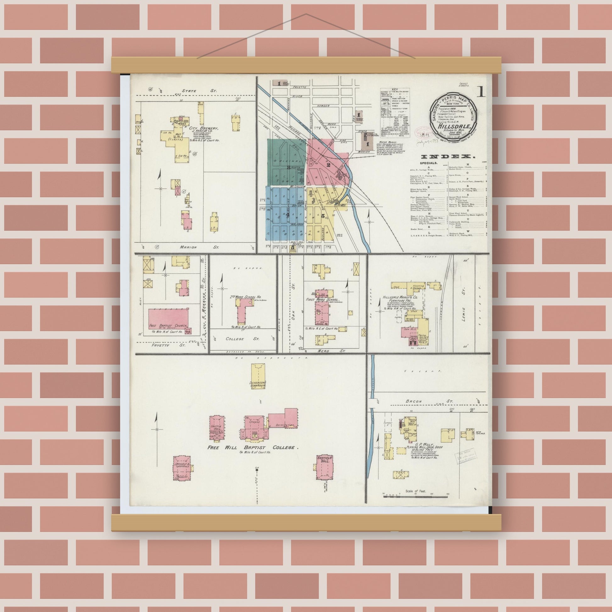 Old map wall art mockup — magnetic wood frame on brick wall — Sanborn Fire Insurance Map from Hillsdale, Hillsdale County, Michigan (1893) - Complete Map Set