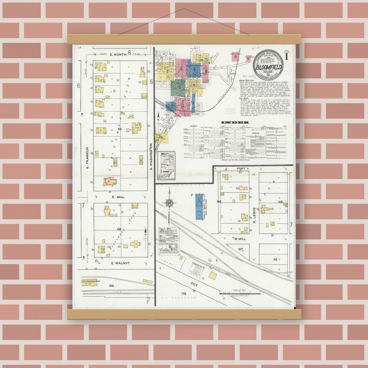 Old map wall art mockup — magnetic wood frame on brick wall — Sanborn Fire Insurance Map from Bloomfield, Greene County, Indiana (1921), Sheet #0001
