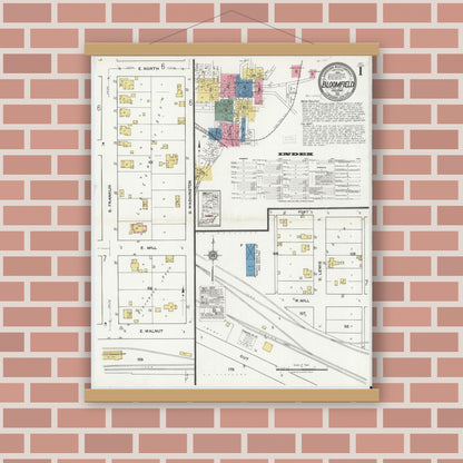 Old map wall art mockup — magnetic wood frame on brick wall — Sanborn Fire Insurance Map from Bloomfield, Greene County, Indiana (1921), Sheet #0001