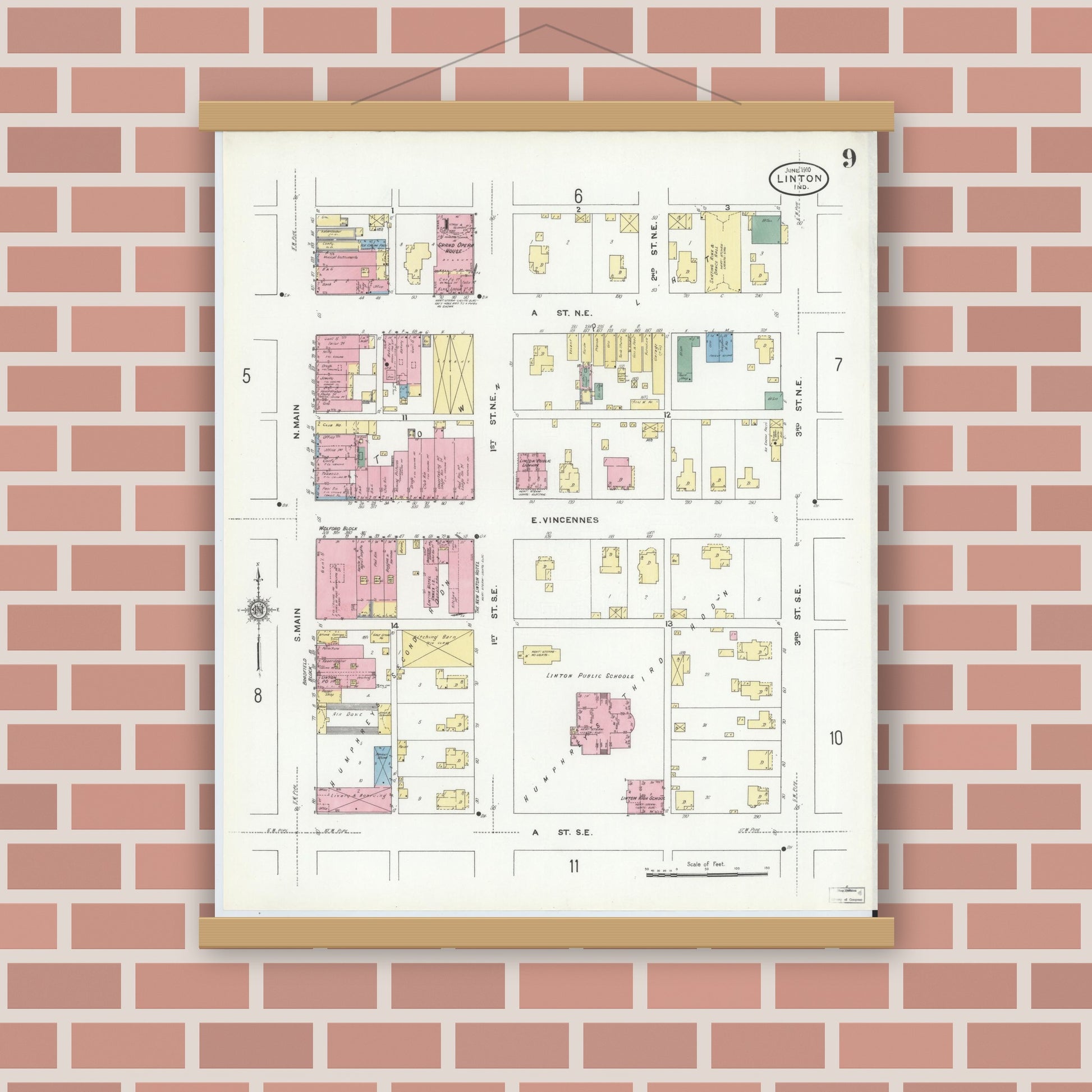 Old map wall art mockup — magnetic wood frame on brick wall — Sanborn Fire Insurance Map from Linton, Greene County, Indiana (1910), Sheet #0009