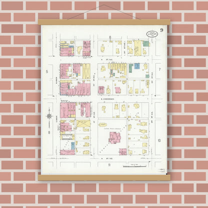 Old map wall art mockup — magnetic wood frame on brick wall — Sanborn Fire Insurance Map from Linton, Greene County, Indiana (1910), Sheet #0009