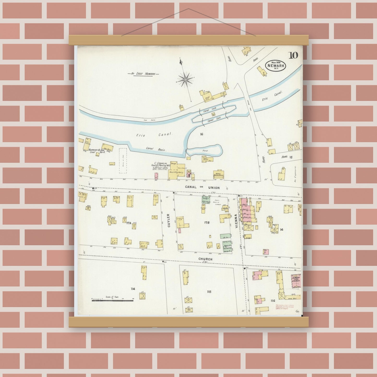 Old map wall art mockup — magnetic wood frame on brick wall — Sanborn Fire Insurance Map from Newark, Wayne County, New York (1898), Sheet #0010