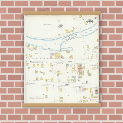 Old map wall art mockup — magnetic wood frame on brick wall — Sanborn Fire Insurance Map from Newark, Wayne County, New York (1898), Sheet #0010