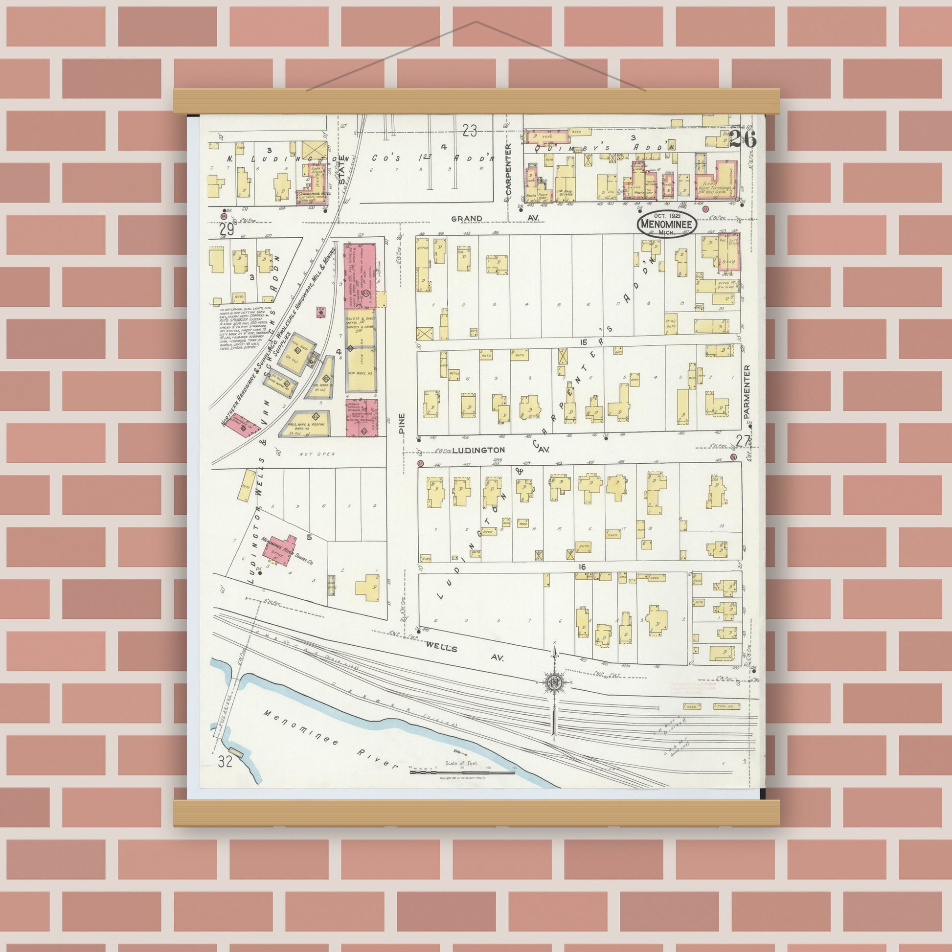 Old map wall art mockup — magnetic wood frame on brick wall — Sanborn Fire Insurance Map from Menominee, Menominee County, Michigan (1921), Sheet #0026
