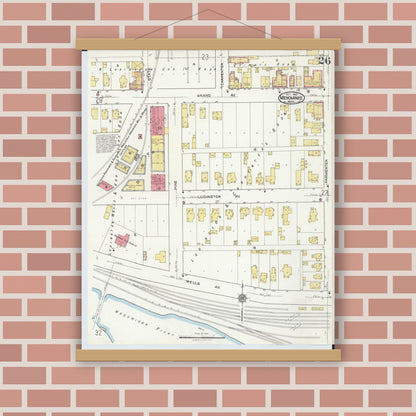 Old map wall art mockup — magnetic wood frame on brick wall — Sanborn Fire Insurance Map from Menominee, Menominee County, Michigan (1921), Sheet #0026