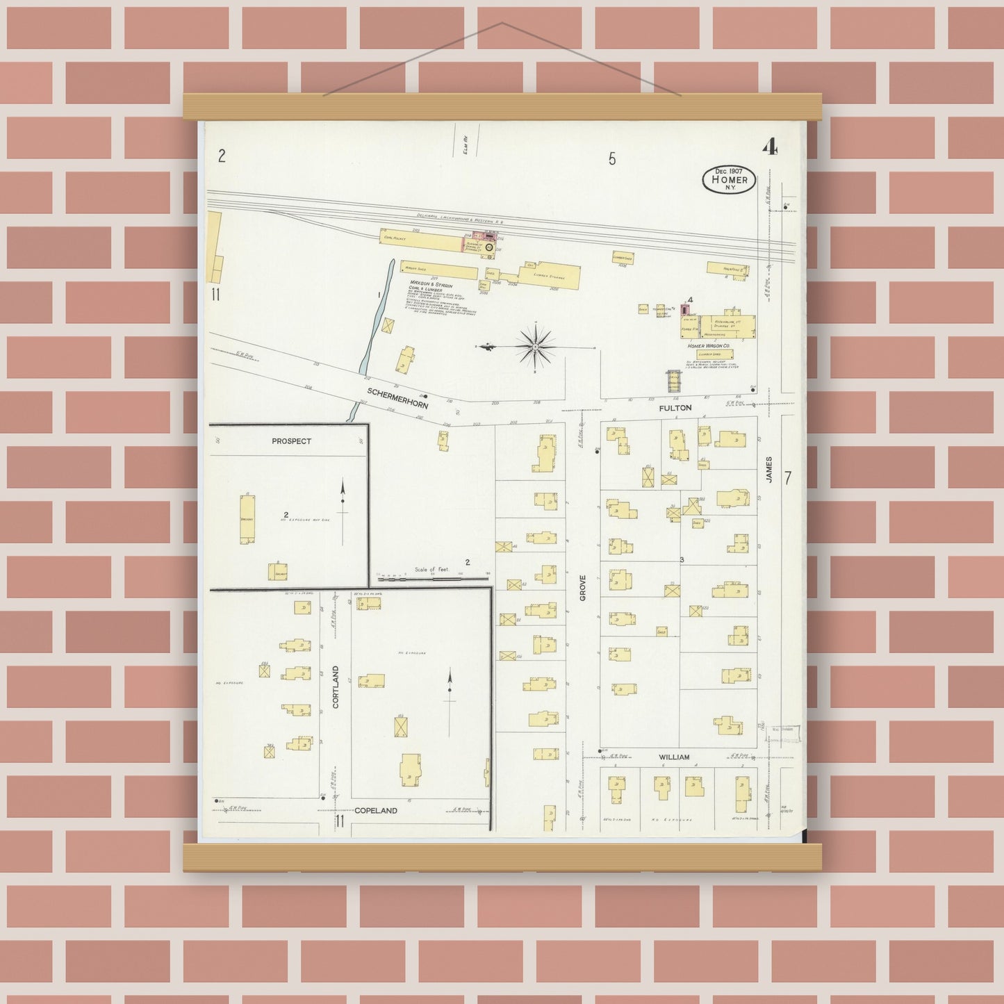 Old map wall art mockup — magnetic wood frame on brick wall — Sanborn Fire Insurance Map from Homer, Cortland County, New York (1907), Sheet #0004
