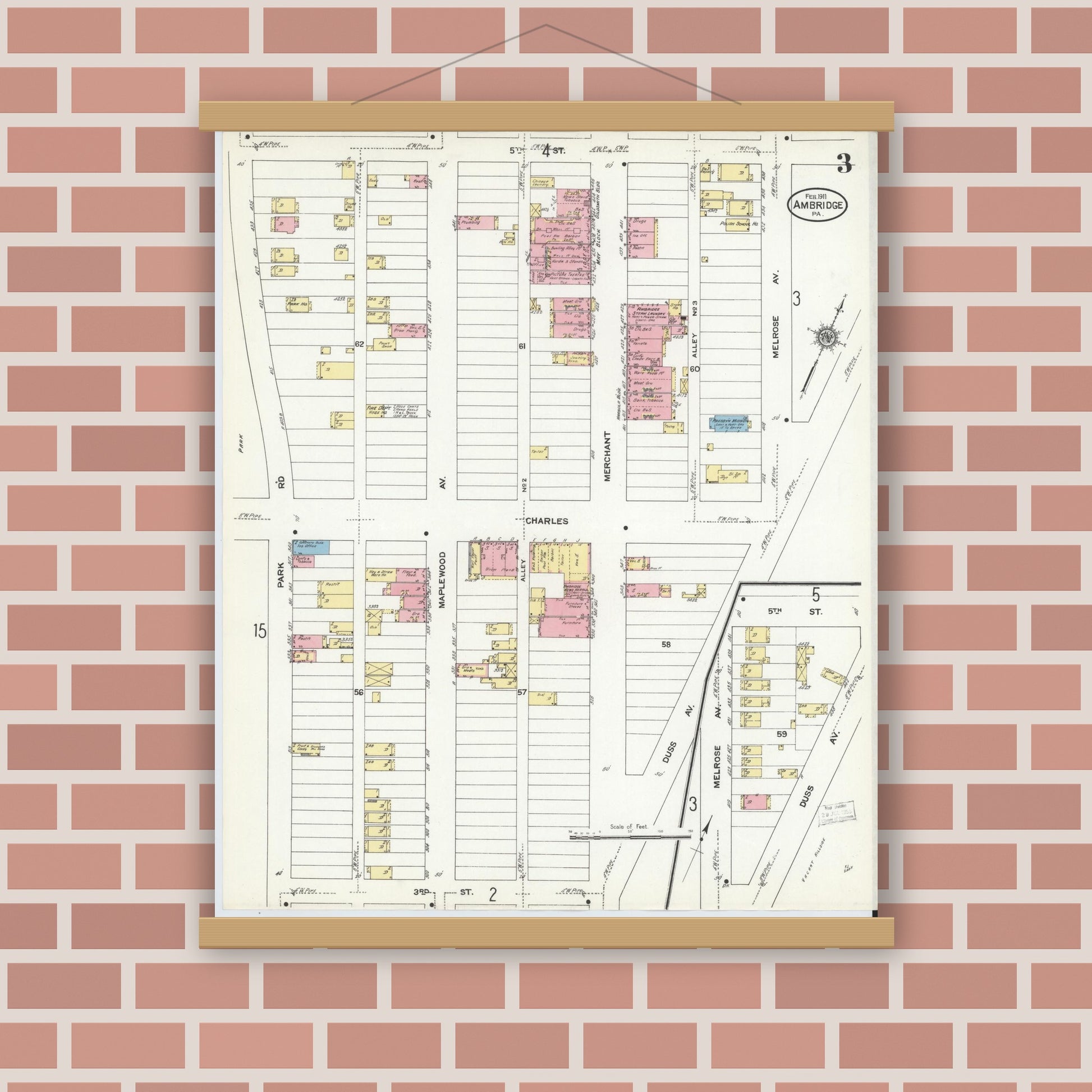 Old map wall art mockup — magnetic wood frame on brick wall — Sanborn Fire Insurance Map from Ambridge, Beaver County, Pennsylvania (1911), Sheet #0003