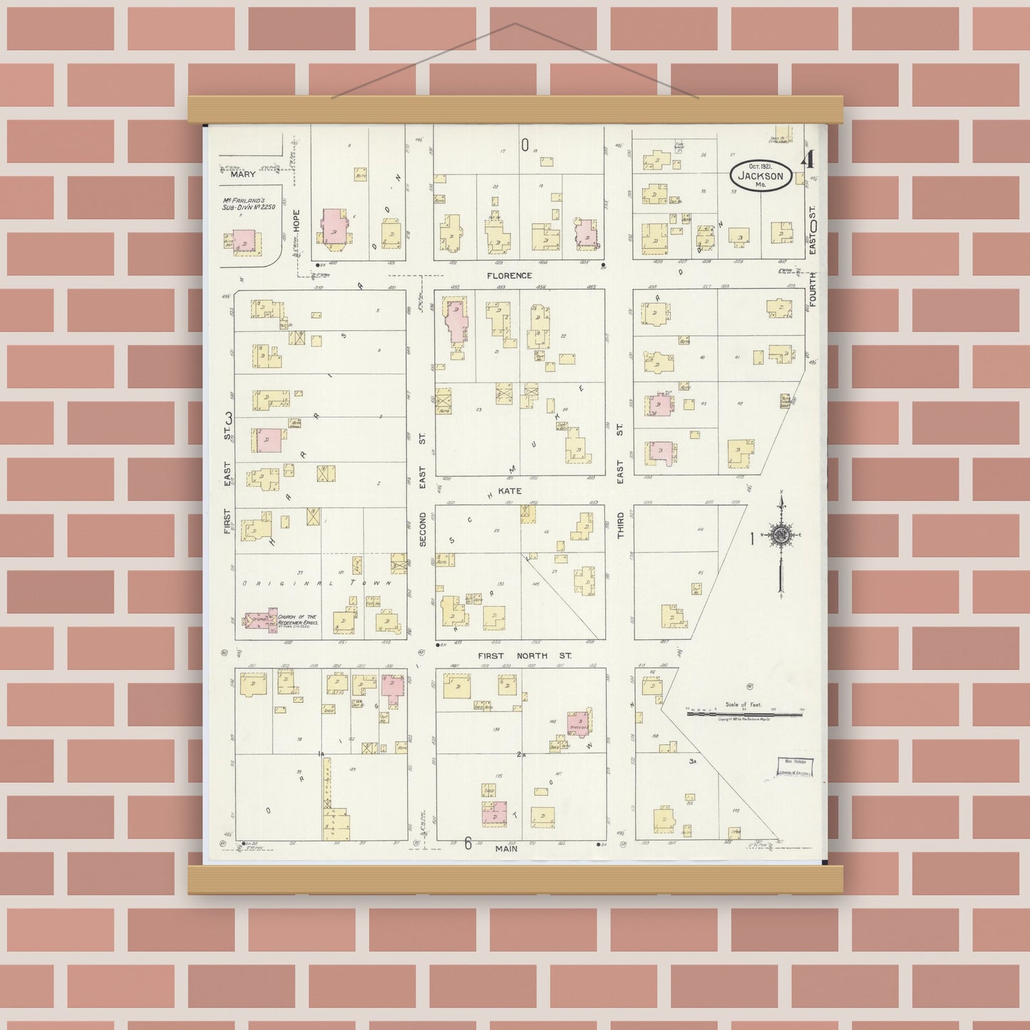 Old map wall art mockup — magnetic wood frame on brick wall — Sanborn Fire Insurance Map from Jackson, Cape Girardeau County, Missouri (1921), Sheet #0004
