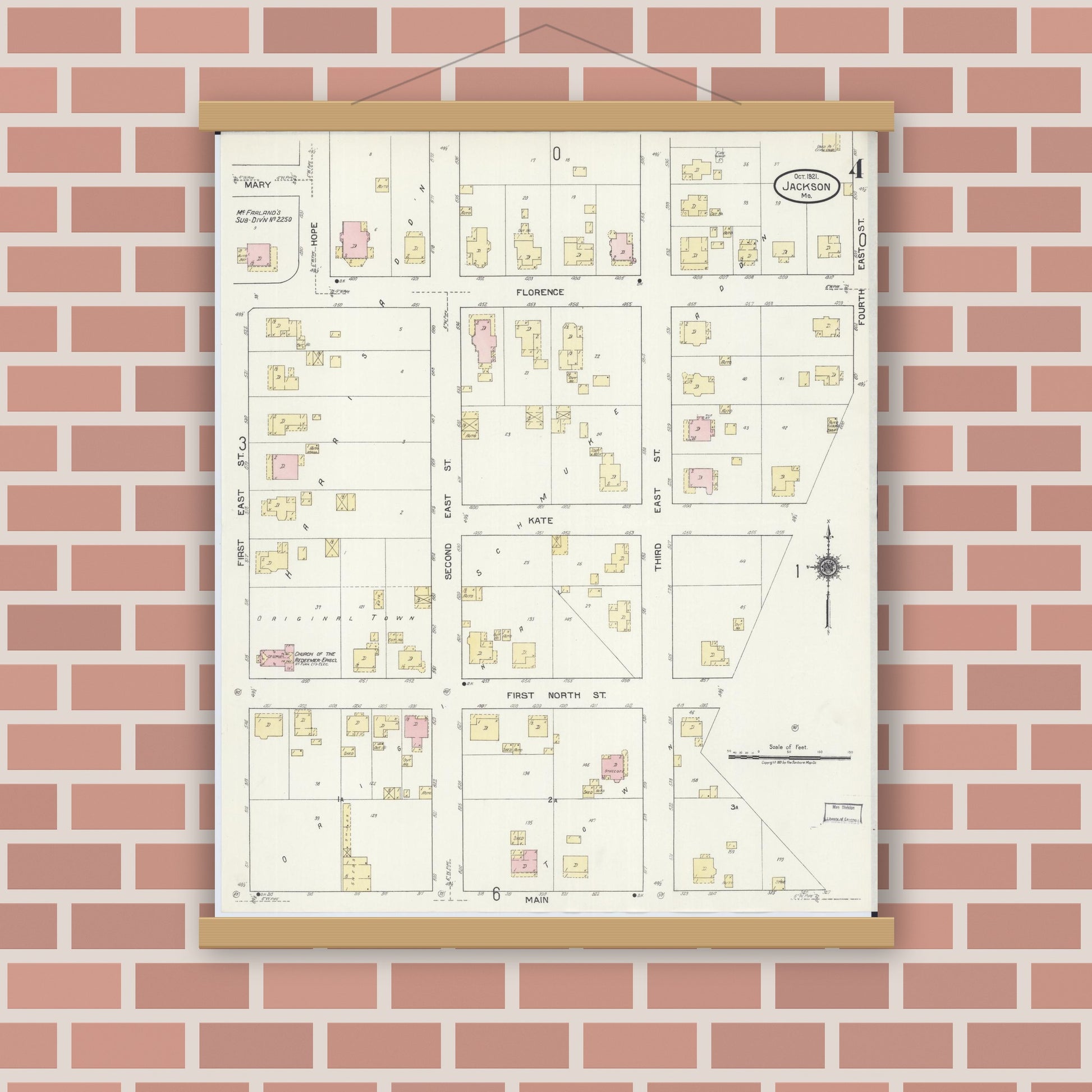 Old map wall art mockup — magnetic wood frame on brick wall — Sanborn Fire Insurance Map from Jackson, Cape Girardeau County, Missouri (1921), Sheet #0004