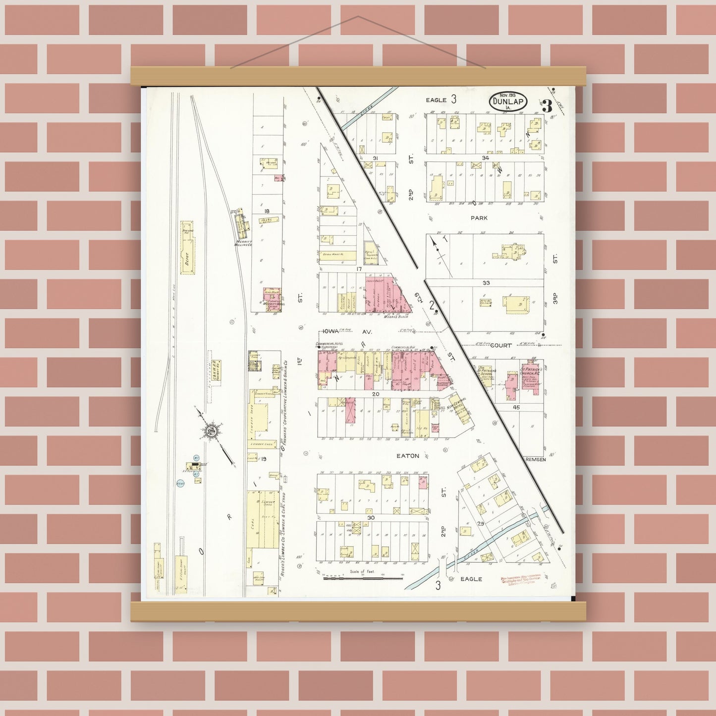 Old map wall art mockup — magnetic wood frame on brick wall — Sanborn Fire Insurance Map from Dunlap, Harrison County, Iowa (1913), Sheet #0003