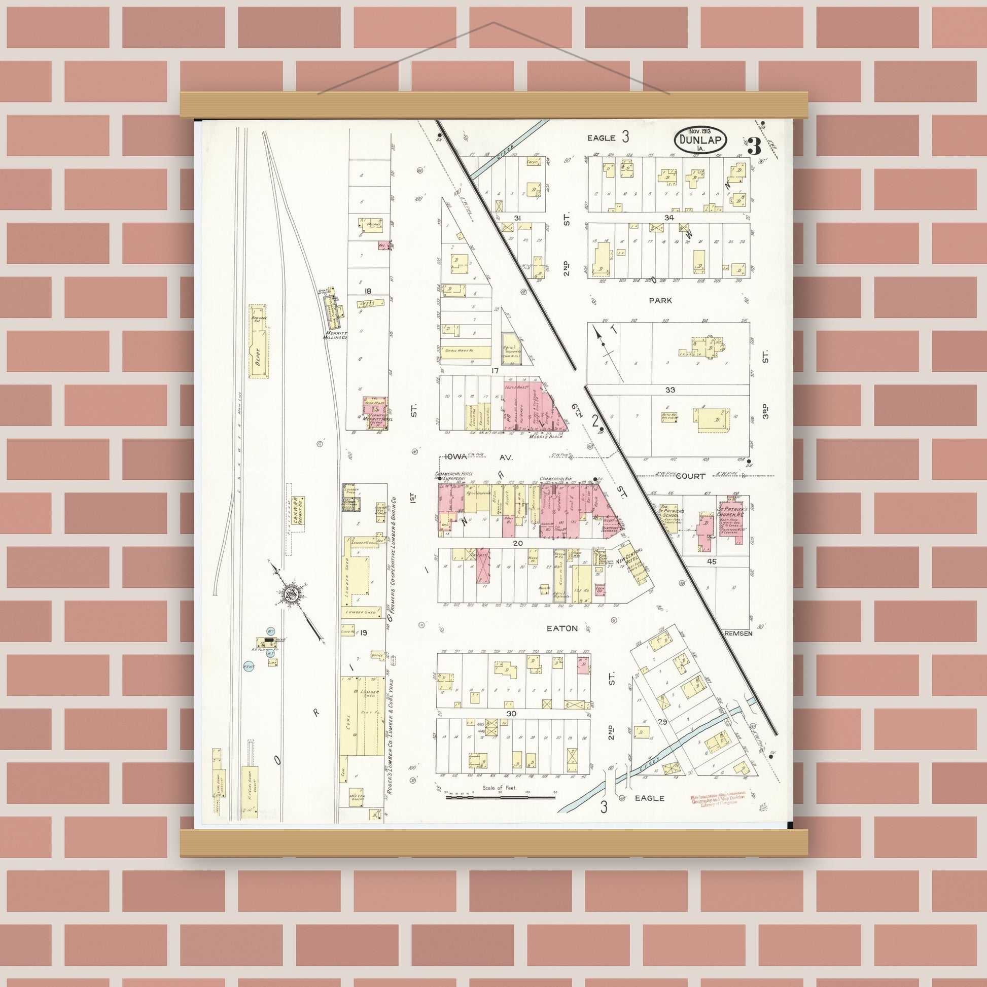 Old map wall art mockup — magnetic wood frame on brick wall — Sanborn Fire Insurance Map from Dunlap, Harrison County, Iowa (1913), Sheet #0003
