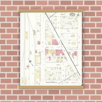 Old map wall art mockup — magnetic wood frame on brick wall — Sanborn Fire Insurance Map from Dunlap, Harrison County, Iowa (1913), Sheet #0003
