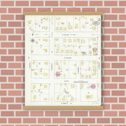 Old map wall art mockup — magnetic wood frame on brick wall — Sanborn Fire Insurance Map from Terrell, Kaufman County, Texas (1909), Sheet #0005
