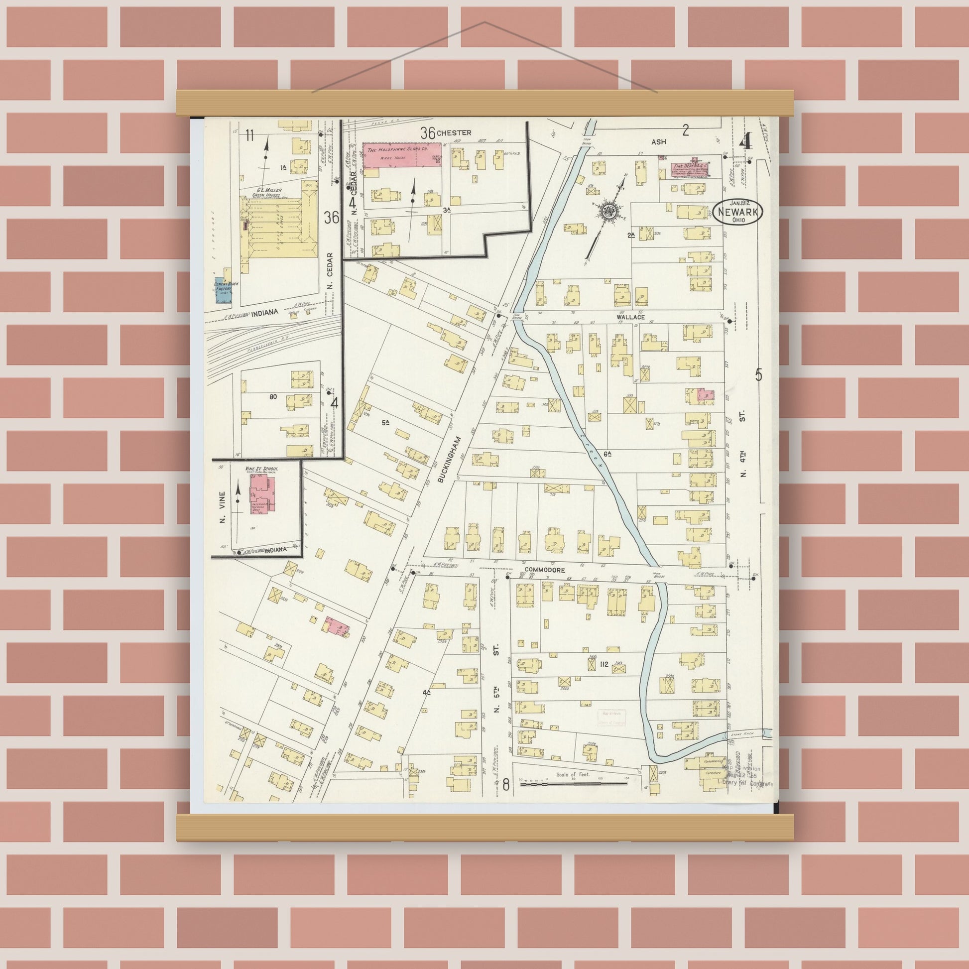 Old map wall art mockup — magnetic wood frame on brick wall — Sanborn Fire Insurance Map from Newark, Licking County, Ohio (1912), Sheet #0004
