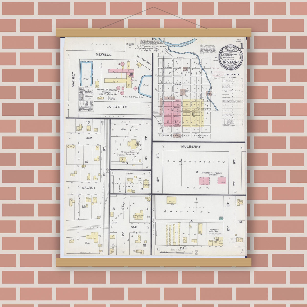 Old map wall art mockup — magnetic wood frame on brick wall — Sanborn Fire Insurance Map from Watseka, Iroquois County, Illinois (1892) - Complete Map Set