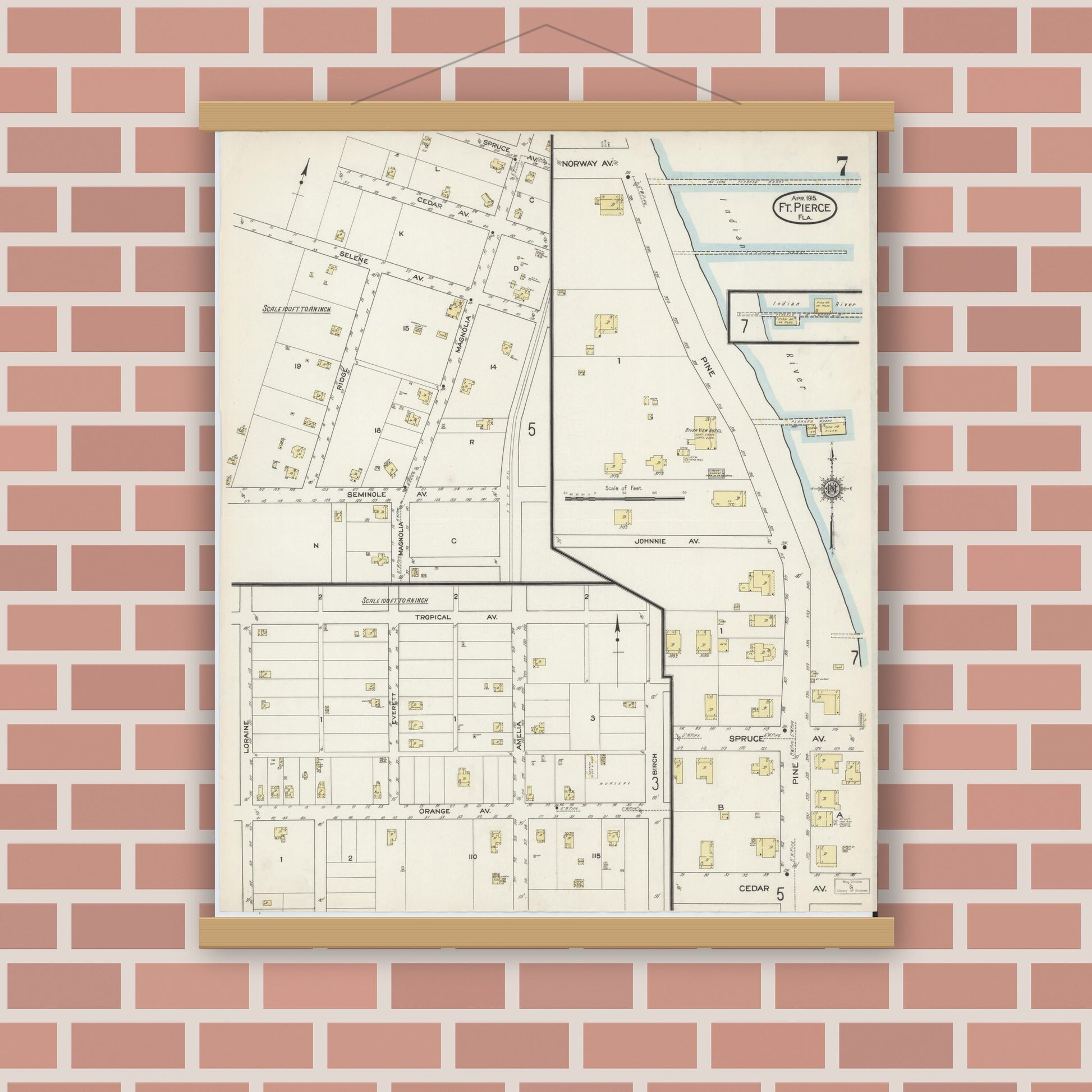 Old map wall art mockup — magnetic wood frame on brick wall — Sanborn Fire Insurance Map from Fort Pierce, St Lucie County, Florida (1915), Sheet #0007