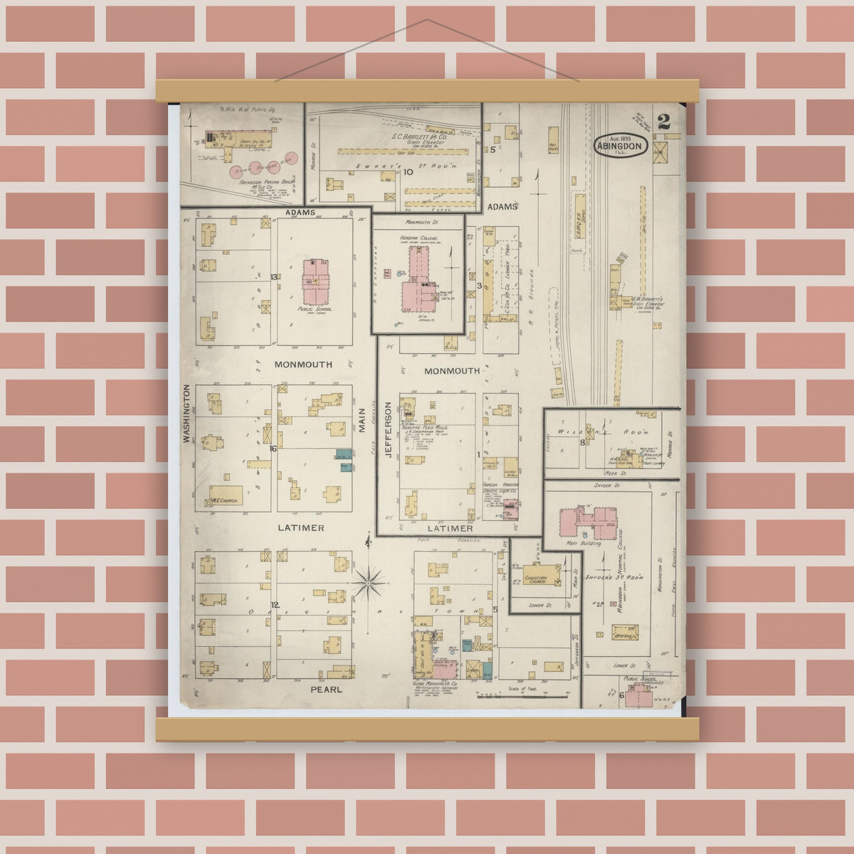 Old map wall art mockup — magnetic wood frame on brick wall — Sanborn Fire Insurance Map from Abingdon, Knox County, Illinois (1893), Sheet #0002